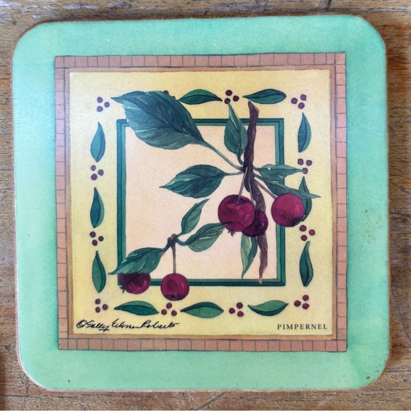 Set of 5 Vintage Pimpernel Fruit Theme Teal Border Cork Back Coasters 4 1/8” - Picture 3 of 8